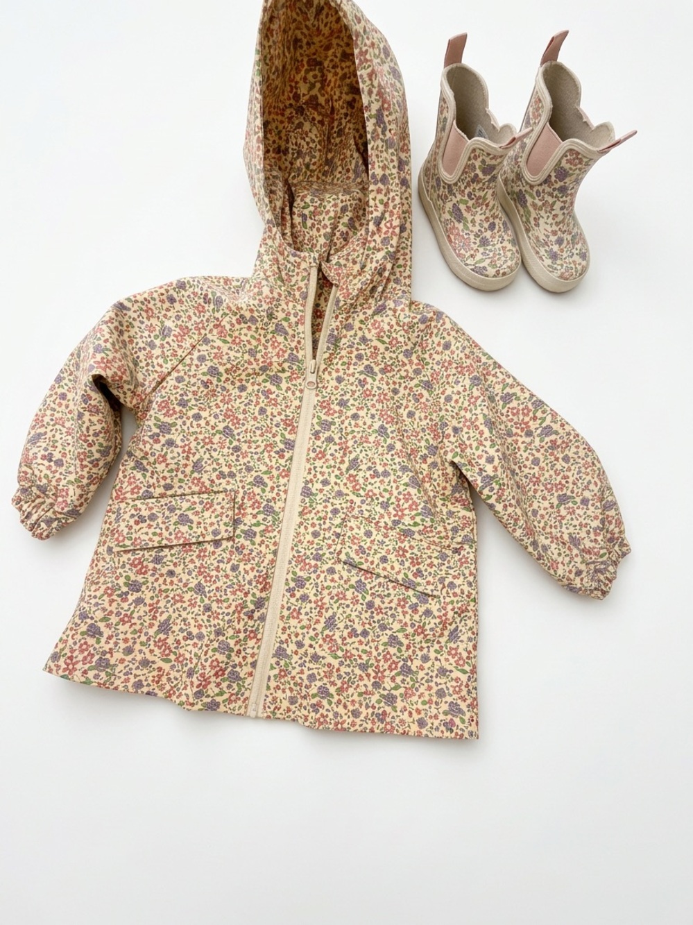 Zara Kids Floral Hooded Rain Jacket - w/ matching boots Jacket Sz. 3, boots Sz 9